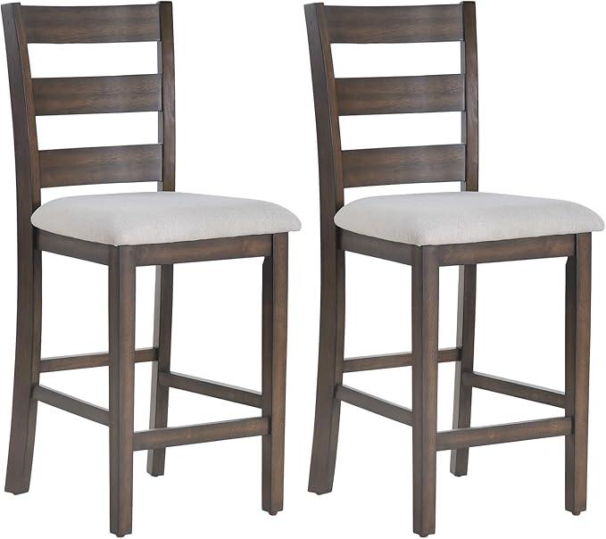 COLAMY 25 Inch Modern Wooden Bar Stools, Counter Height Bar Stools Set of 2, Upholstered Fabric Barstools Dining Chairs with Backs and Wooden Legs for Kitchen Island Dining Living Room, Brown Black
