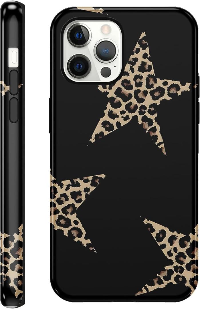 Cute Y2K Star Phone Case for iPhone 12 Pro Max Cheetah Print Black Case 6.7", Aesthetic Cool Leopard Pattern 2-in-1 Glossy Cover Shockproof Slim Soft TPU Hard PC Protection Girls Women Funda
