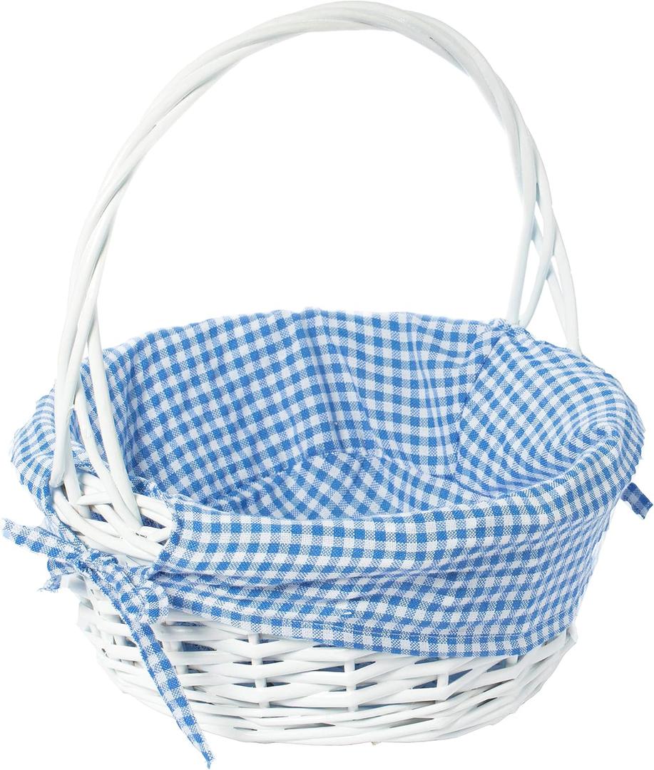 White Round Willow Wicker Gift Basket with Blue and White Gingham Liner, Small, Decorative Picnic Basket with Handles, Empty Wicker Basket for Gifts