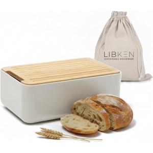 LIBKEN Bread Box  Extra Thick Steel Bin with Bamboo Cutting Board Lid & Drawstring Bag - Modern Scandinavian Metal Box for Kitchen Countertop, Sourdough & Homemade Bread - Warm Grey
