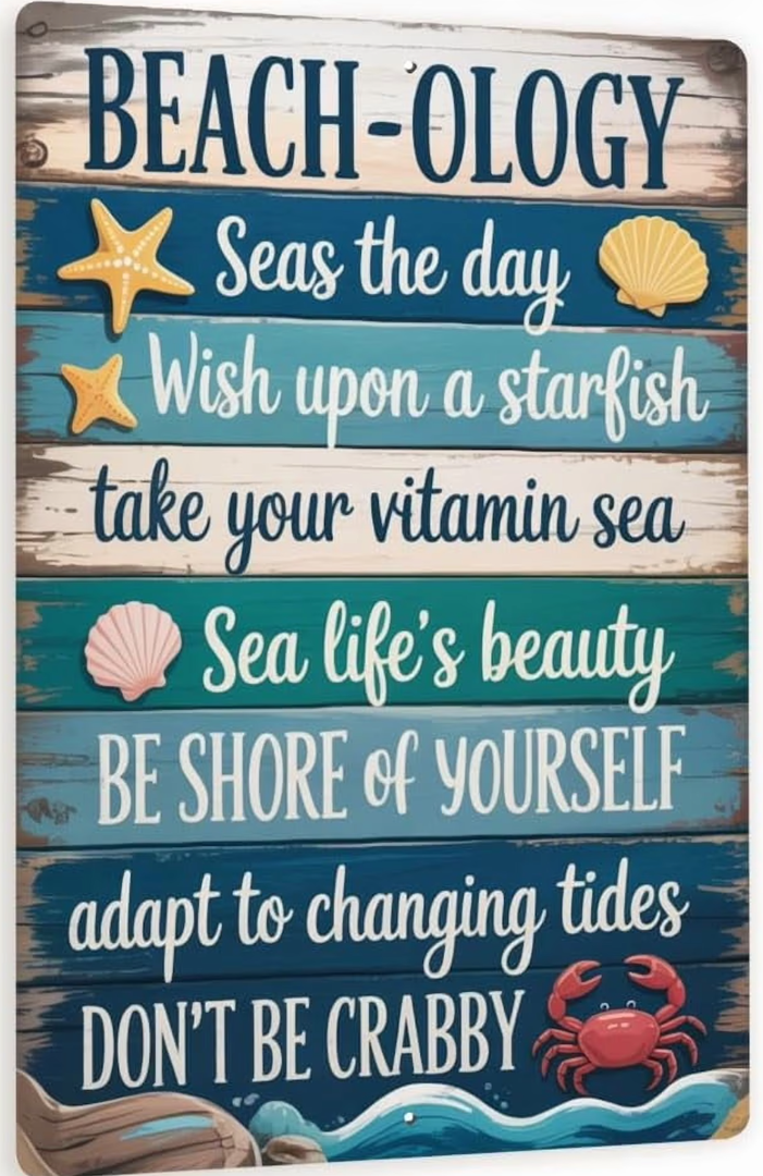 8x12 Vintage Beach Metal Wall Art With Sandals, Starfish & Seashells, Coastal Summer Decor