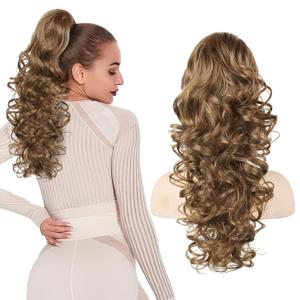 Flufymooz Ponytail Extension, 18 inch Wavy Curly Claw Clip Ponytail Extension Clip on Ponytails Natural Synthetic Hairpiece for Women Daily Wear (Ginger Brown)