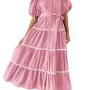 PRETTYGARDEN Women's Summer Button Down Shirt Dress Short Puffy Sleeve Tiered Ruffle Flowy Long Maxi Dresses (Pink, Size XXL)