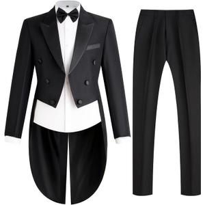 Mens Tailcoat Suit Jacket Tuxedo Double Breast Swallow Tail Coat Pants Bow Tie (Black, L)