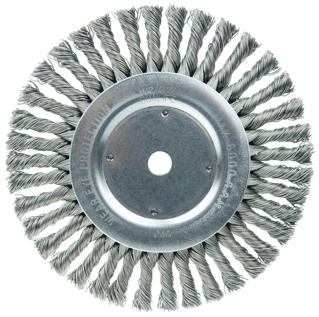 Weiler Dualife Wire Wheel Brush, Round Hole, Steel, Full Twist Knotted, 8" Diameter, 0.023" Wire Diameter, 5/8" Arbor, 1-5/8" Bristle Length, 1/2" Brush Face Width, 6000 RPM