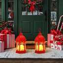 Glooglitter 2 Pack Christmas Lanterns with Warm White LED Lights 11 x 6 Inch Red Christmas Lantern Decor with Holly Berry Pine Hanging Xmas Candle Holder Indoor Outdoor Decorative Table Centerpieces