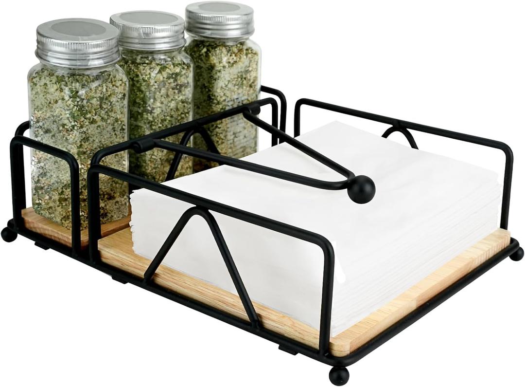 Napkin Holder, Flat Table Napkin Holder for Salt and Pepper Shakers, Metal Napkin Holders with Weighted Arm & Wooden Base for Kitchen Countertop (Black)