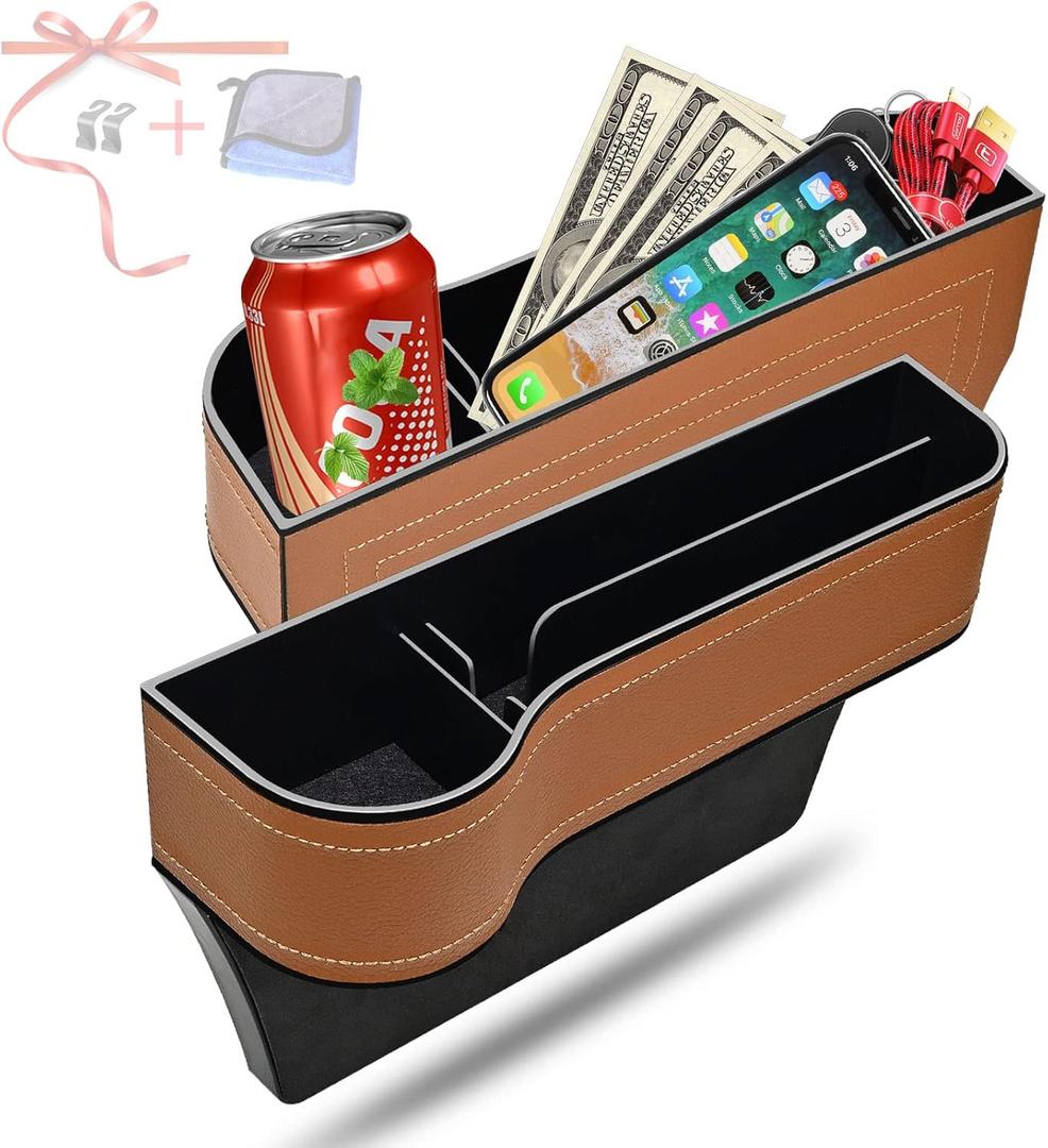 Car Seat Gap Filler Organizer, 2 Pack Multifunctional Car Seat Organizer, Auto Console Side Storage Box with Cup Holders 2 Seat Hooks for Drink, Car Organizer Front Seat for Holding Phone, Sunglasses (3-Natural 3-Brown)