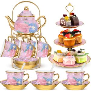 21pcs Porcelain Teapot Parties Set with Metal Holder and Cupcake Stand Ceramic Tea Pot Cups Saucers Cupcake Tier Tower for Women Girls European Parties Weddings Gifts, (Purple,Delicate)