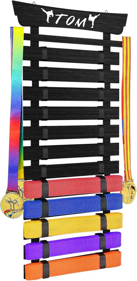 10/12 Belts Karate Belt Display Rack with Stickers, Martial Arts Belt Display Holder (Black)