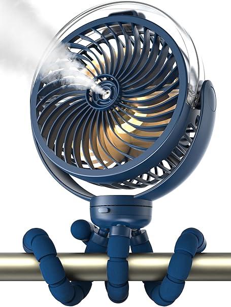 Misting Stroller Fan, 6000mAh Battery Operated Portable Fan with Light & 360 Pivoting, Personal Fans with Flexible Tripod for Baby, Office, Travel, Treadmill, Outdoors (Dark Blue)