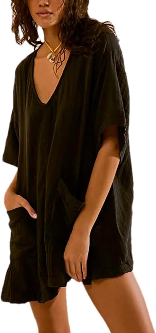 Zontroldy Women's Casual V Neck One Piece Jumpsuit Shorts Summer Short Romper Dresses with Pockets (Black)