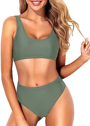 Tempt Me Women Two Piece Scoop Neck Bikini Crop Top Swimsuit Sporty High Waisted Bathing Suit Size M