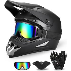 Full Face Dirt Bike Helmet DOT Certified - Complete Adult ATV Helmet Kit with Goggles, Gloves & Mask, Adjustable Visor, Quick Release (Black), S