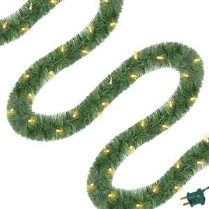 WATERGLIDE 49FT Lighted Christmas Green Garland with 100 Count Clear String Lights, Pre-lit Long Artificial Greenery Garlands, Plug in Holiday Decorative Lights for Indoor Outdoor Decor (Warm White)