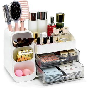 Makeup Organizer Countertop, Spacious Cosmetic Display Case with Makeup Brush Holder, Perfect Vanity Bathroom Organizer and Storage, White