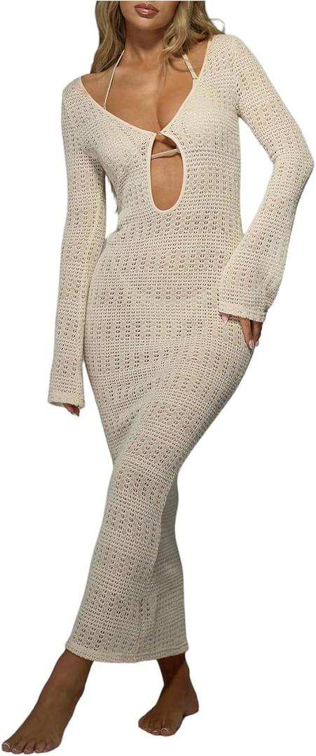 Milumia Women's Cut Out Crochet Cover Up Dress Scoop Neck Long Sleeve Maxi Beach Dress Coverup (Apricot), S