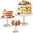GENMOUS 8", 10", 12" Rustic Farmhouse Cake Stand, Decorative Wooden Beaded Cake and Cupcake Stand Combo for Birthday Party Decor, 3 Tiered Dessert Table Display Set for Wedding, Baby Shower, White