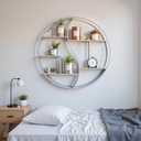Round Wall Shelf,24 inch Metal Circle Shelf Wood Floating Shelves,Rustic Silver Wall Mounted Display Organizer Shelf for Fireplace,Living Room,Bathroom, Large