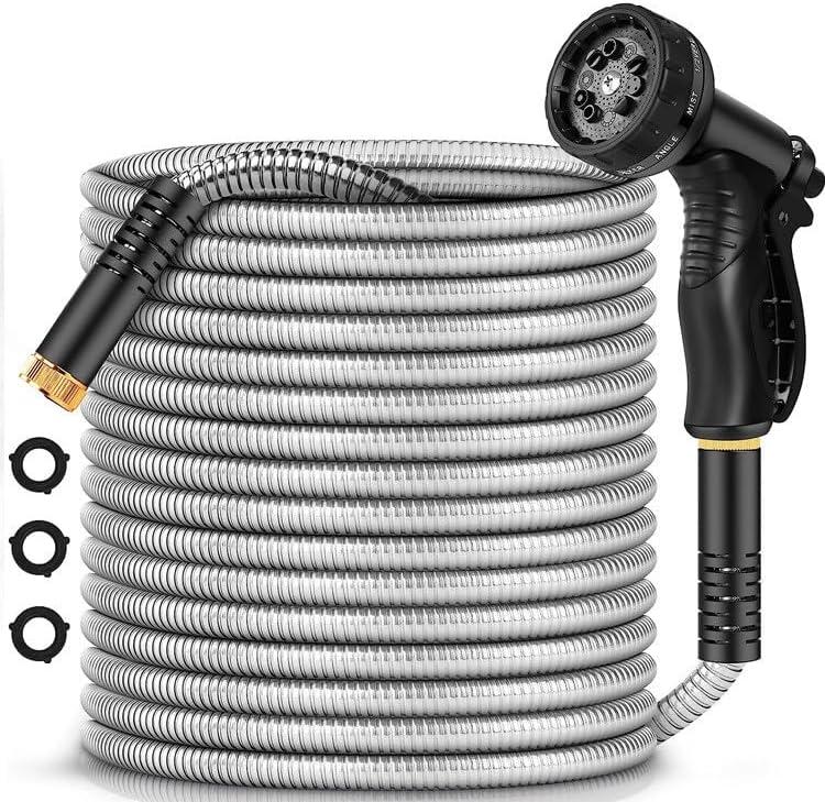Stainless Steel 25FT Garden Hose with 10 Function Nozzles, No Kink, Lightweight and Flexible Heavy Duty Metal Water Hose for Yard and Lawn