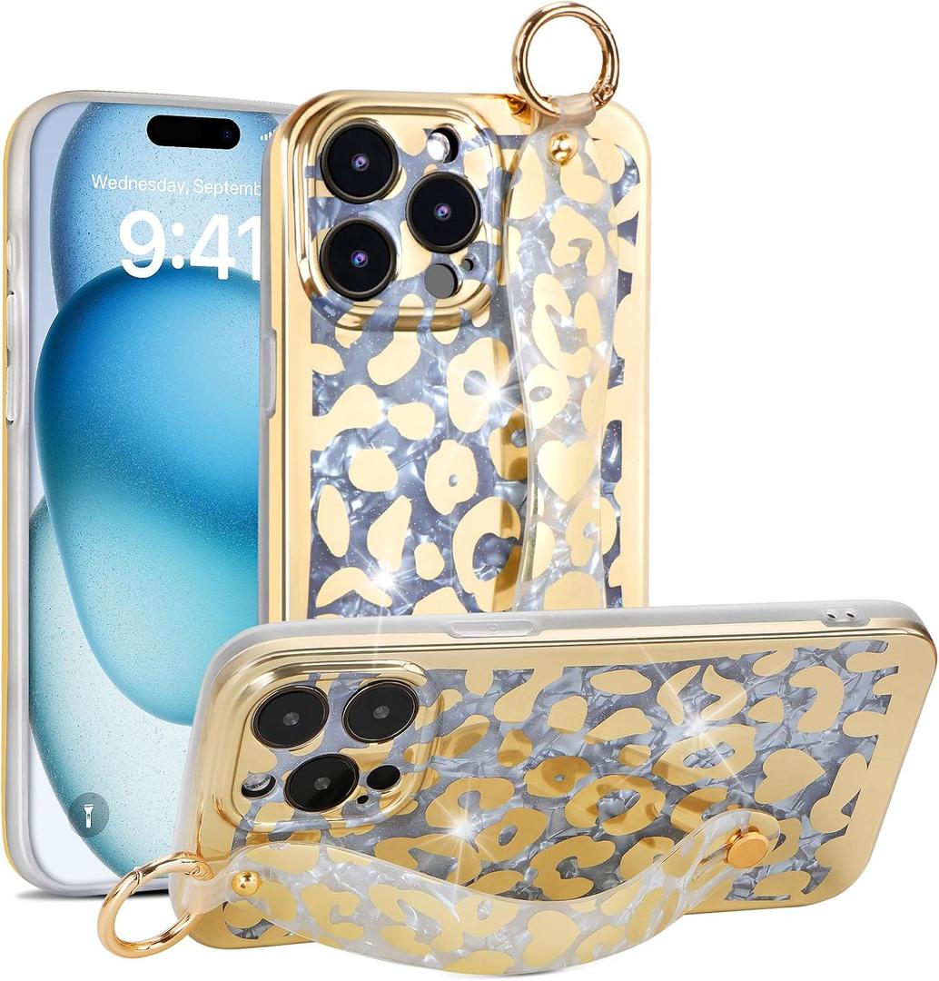 for iPhone 14 Pro Wrist Band Kickstand Cover Case Cheetah Print Ultra Slim IMD Shockproof Protection Holder Cover Case for Apple iPhone 14 Pro 6.1-inch (Leopard Skin Pattern)