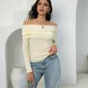 Women's Autumn Sweater, 2026 Casual Long Sleeve Off-The-Shoulder Strapless Knitted Sweater, Pullover Sweater (Beige, L)