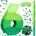 WinnerWhy Number Piata Decorations 16 Inch Gradient Green Piata with Blindfold Stick and Confetti for Birthday Baby Shower Safari Jungle Themed Party Supplies Centerpiece(Number 6)