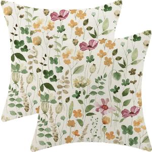Spring Pillow Covers 16x16 Set of 2 Green Pink Floral Leaves Throw Pillow Covers Decoration Summer Flower Plants Farmhouse Decorative Linen Cushion Cover for Couch Sofa Outdoor Decor