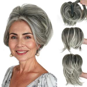 Short Straight Claw Clip Ponytail Extension with 4 DIY Bendable Metals, Synthetic Messy Bun Hair Piece for Women with Thinning Hair, Salt and Pepper Ombre