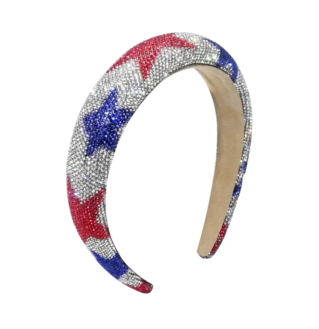 4th of July Rhinestone Headbands for Women Girls Padded Hairband for Girls Red Blue Star Rhinestone Sparkle Head Band Patriotic Hair Accessories