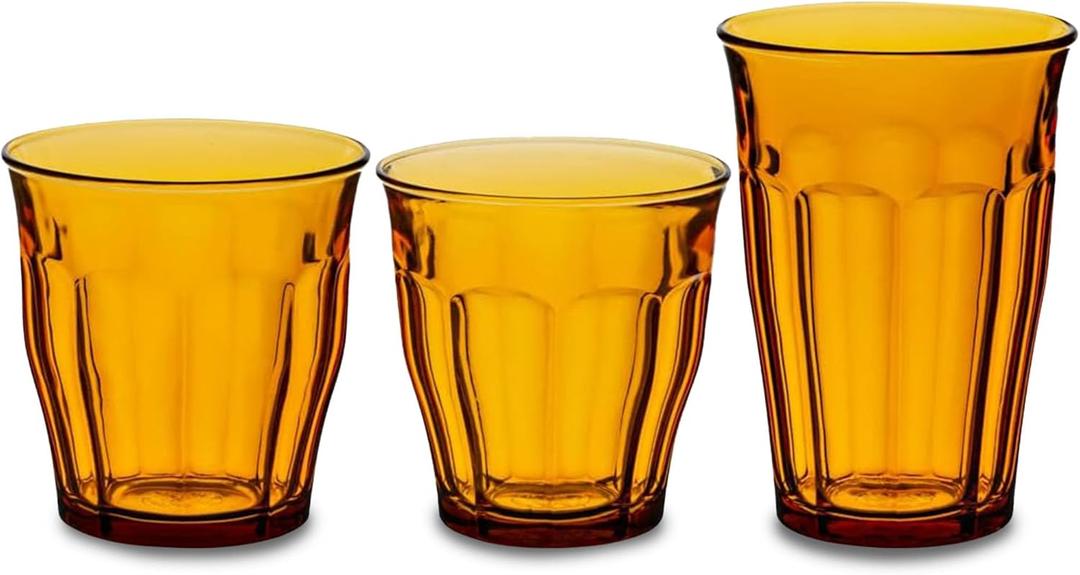 Duralex Made In France Picardie 18-Piece Glass Tumbler Drinking Set, Amber. Set includes (6 Units) 8-3/8 oz Tumblers; (6 Units) 10-3/8 oz Tumblers; (6 Units) 12-1/8 Tumblers