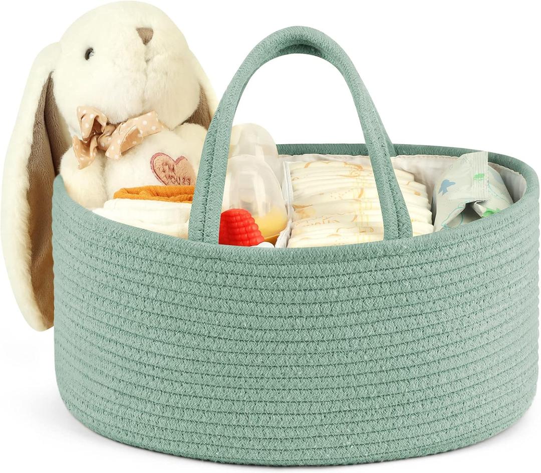 Maliton Diaper Caddy Organizer for Baby, Portable Diaper Storage Organizer for Changing Table and Car, Cotton Rope Nursery Storage Bin Basket for Baby Shower, Newborn Essentials Must Haves - Green (Large)