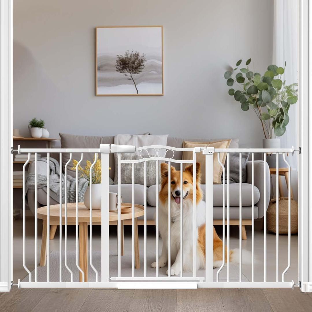 Fairy Baby 53.1"-62.5" Extra Wide Baby Gate for Stairs, Pressure Mounted Dog Gates for Doorways Indoor, Auto-Close Metal Pet Gate for House, No Drill Easy Walk Thru Safety Child Gate with Door, White