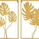 2pcs Wall Decorations Gold Iron Leaf Wall Hanging Home Decor with Frame for Bedrooms Staircases Kitchens Corridors (Monstera Leaf, Philodendron Selloum)