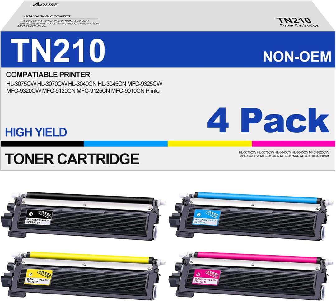 TN210 Toner Cartridge Compatible for Brother TN-210 Work with MFC-9325CW MFC-9125CN HL-3070CW MFC-9320CW HL-3070CW MFC-9120CN Printer (1 Black, 1 Cyan, 1 Magenta, 1 Yelllow, 4 Pack)