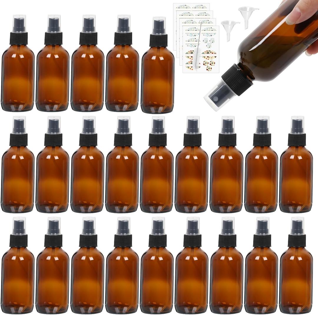 STARSIDE 24 Pack 4 oz Amber Glass Spray Bottles with Fine Mist Sprayer,120 ml Glass Travel Bottles for Cosmetic Essential Oils Cleaning Solutions Perfumes & Liquids