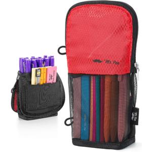 Mr. Pen- Standing Pencil Case Pouch, Sit & Lay Mesh-View Design, Black & Red, Interior Pocket & 2 Elastic Binder Loops, Cute Pencil Case for Girls and Boys