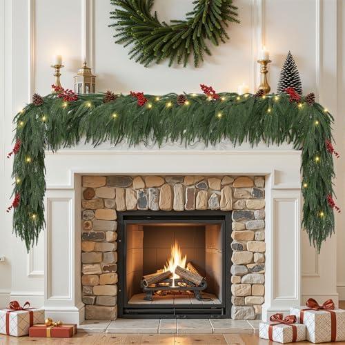 9FT Prelit Christmas Garland, Realistic Green Norfolk Pine Garland with Lights Battery Operated for Mantle Stairs Railing Fireplace Table Indoor Xmas Decor