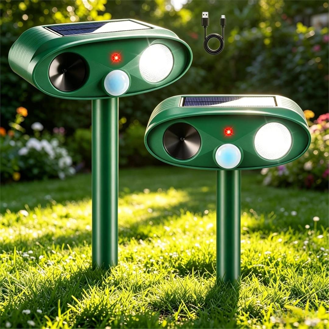 Upgraded Solar Ultrasonic Animal Repeller Outdoor Cat Deterrent Deer Repellent Devices Dog Repeller with Motion Sensor & Strobe Light & USB Charging Deterrent Rabbit Squirrel Skunk Racoon for Yard