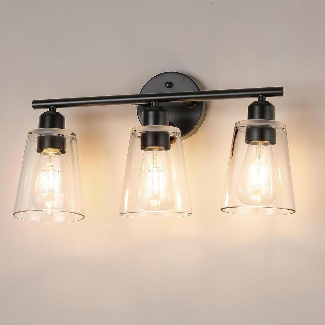TALOYA 19 Inch Brushed Black Bathroom Light Fixtures with Thickend Clear Tapered Glass Shade, 3-Light Modern Vanity Light Over Mirror for Bathrooms, Bedrooms (Bulbs Not Included)