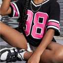 Verdusa Girl's Letter Print Loose T Shirt V Neck Half Sleeve Tee Tops (Black)