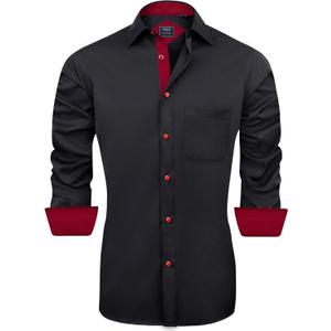 J.VER Men's Casual Long Sleeve Stretch Dress Shirt Wrinkle-Free Regular Fit Button Down Shirts (4X-Large, Black Red)