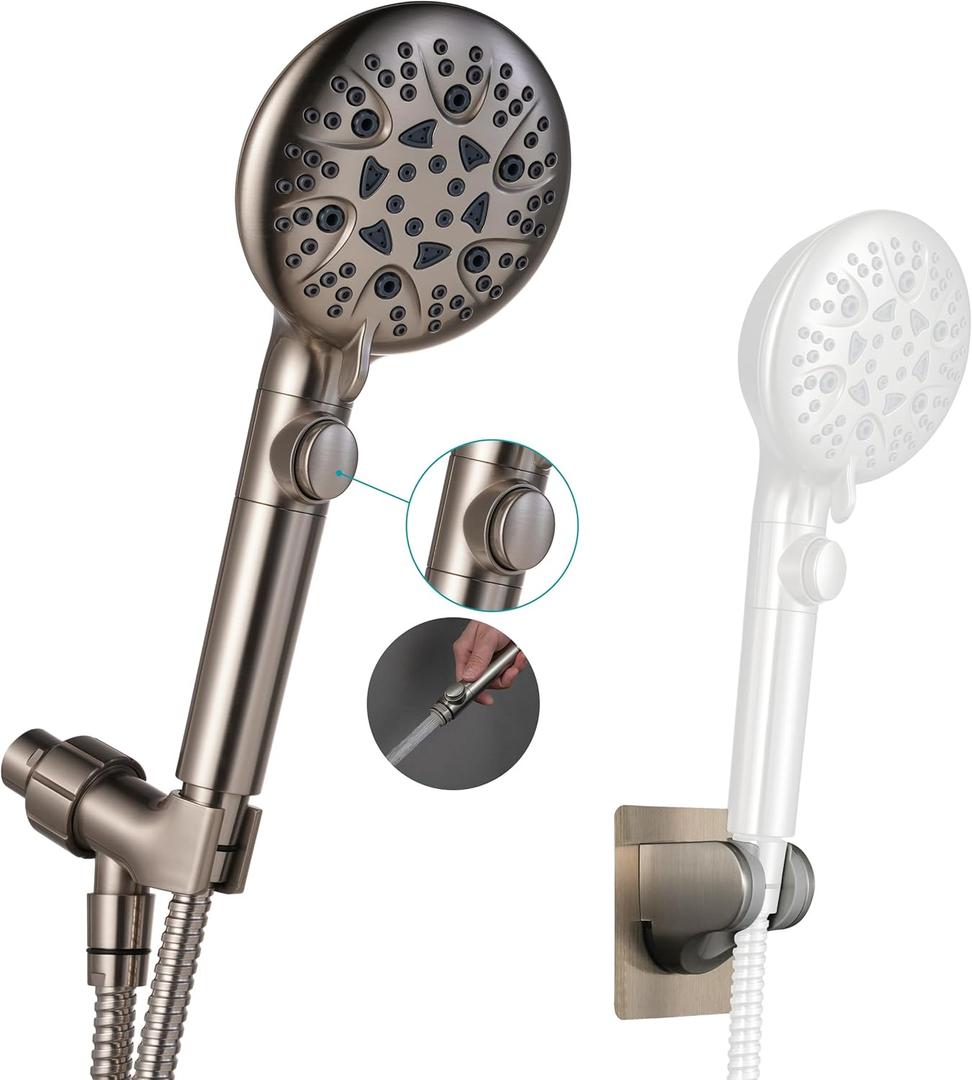 GwernKB Brushed Nickel Shower Heads Handheld with On Off Switch,8-Mode High Pressure Shower Wand with 79In Stainless Steel Hose&Bracket PLUS Low-Reach Adhesive Wall Mount Holder for Kids&Elderly