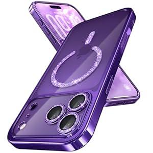 Magnetic for iPhone 17 Pro Max Case with Glitter Integrated Lens Protection, [Glossy Bumper & Shiny Magnetic Ring] [Compatible with Magsafe] Cute Women Girly Phone Case for iPhone 17 Pro Max Purple