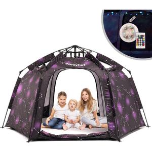 Portable Hexagon Kids Play Tent with LED Strip Lights Indoor Children Play House Easy Set-up Space Dream Tent for Night.4-5 Person Large Tents & Birthday Gifts