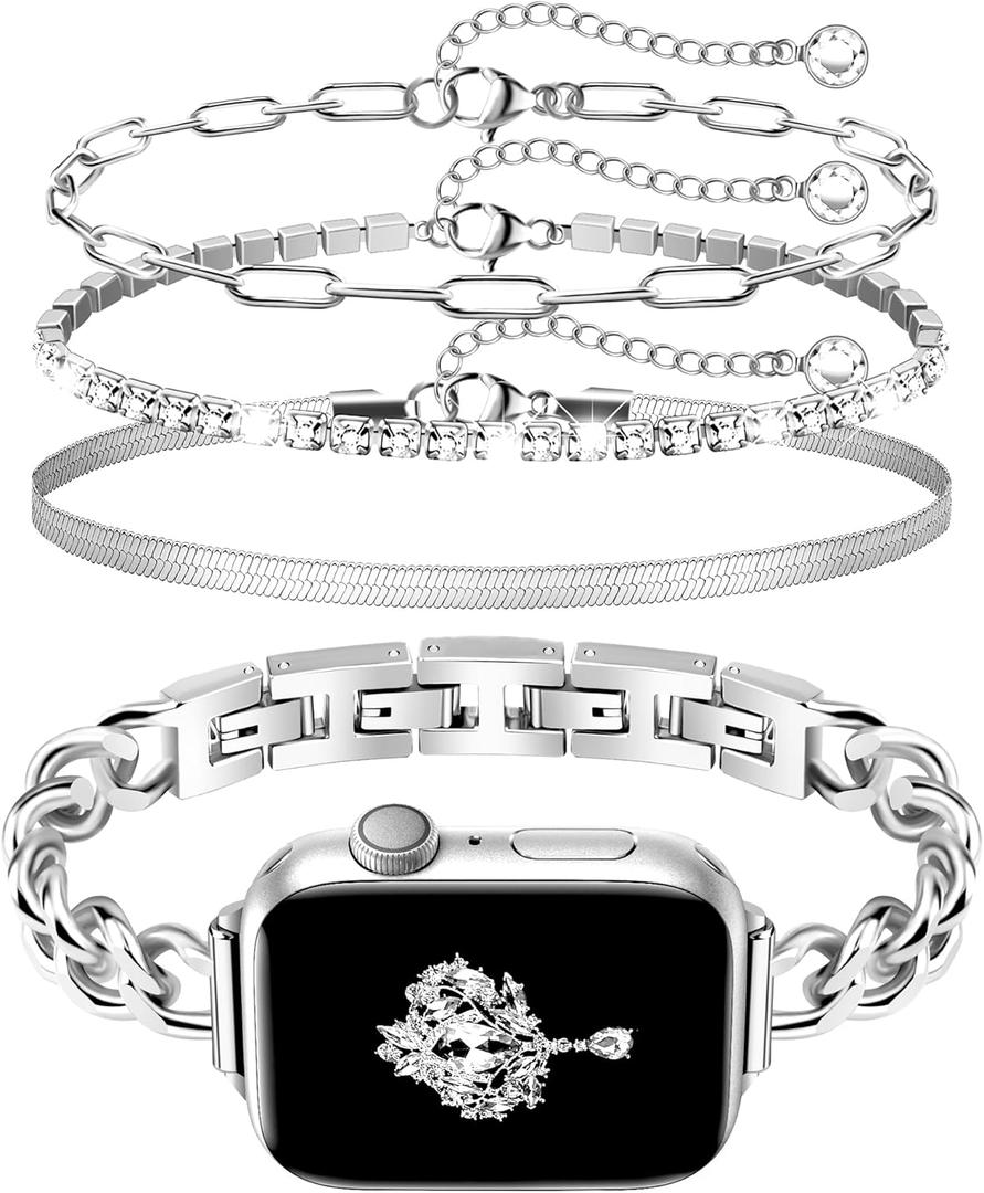 Slim Silver Band and 3Pc Bracelet Set Women Feminine Elegant Compatible with Apple Watch 42mm 44mm 45mm 46mm 49mm Adjustable Metal Strap Dressy Chain for iWatch Series 10/9/8/7/6/5/4/3/2/1/SE/Ultra1 2