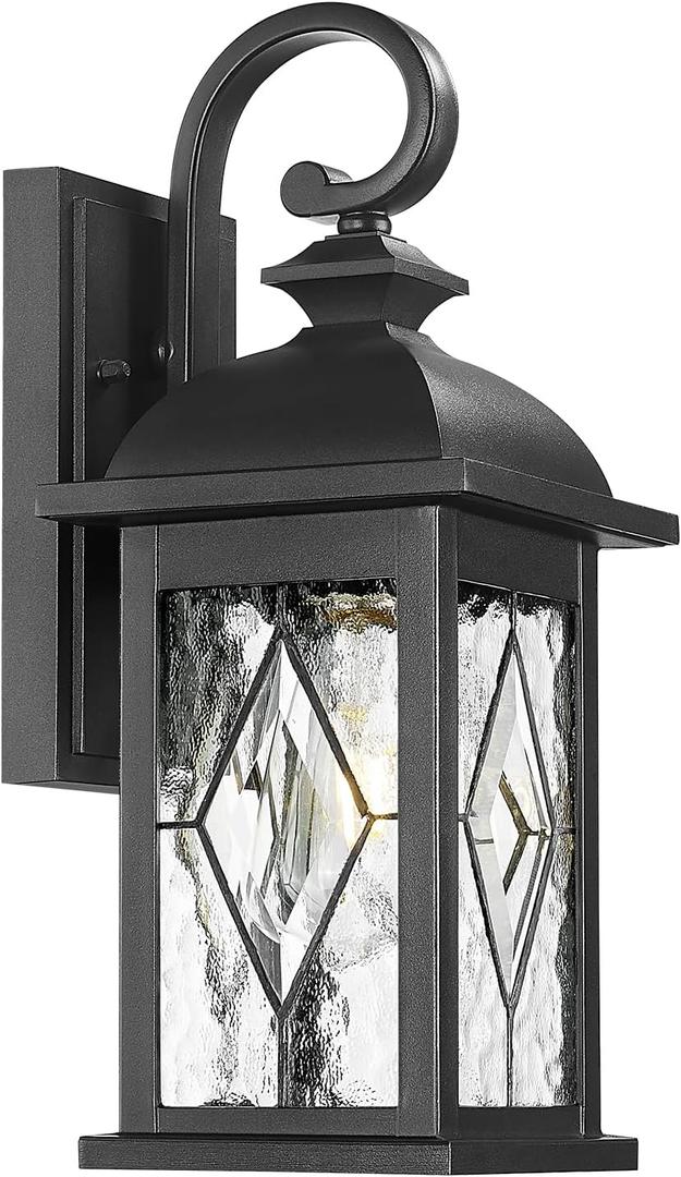 FEMILA Outdoor Wall Light Fixture,1-Light Exterior Waterproof Wall Sconce, Front Porch Lights, Matte Black Finish with Water Ripple Glass, UL Listed, 4FD54B BK-SD