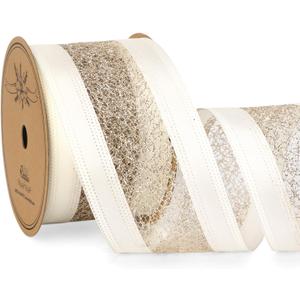 Ribbli Ivoy Wired Ribbon Ivory Satin with Champagne Gold Glitter Mesh 2.5 Inch Christmas Ribbon for Tree Gift Wrapping Wreaths Garland Topper Bows Crafts Home Decor -10 Yards