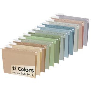 50pcs Decorative Hanging File Folders,Filing Cabinet, Letter Size with 1/5-Cut Adjustable Tab Durable 12 Color Assorted, 50 pcs Per Box,Cute,Color,Pink,Pastel (Earth)