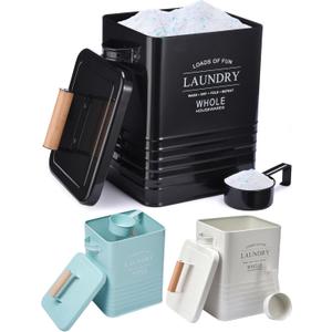 Whole Housewares Laundry Detergent Container - Tin Farmhouse Metal Laundry Powder Soap Dispenser With Scooper, Airtight Lid And Handles - Vintage Soap Pod Holder Storage Bin With Lid And Scent Holders